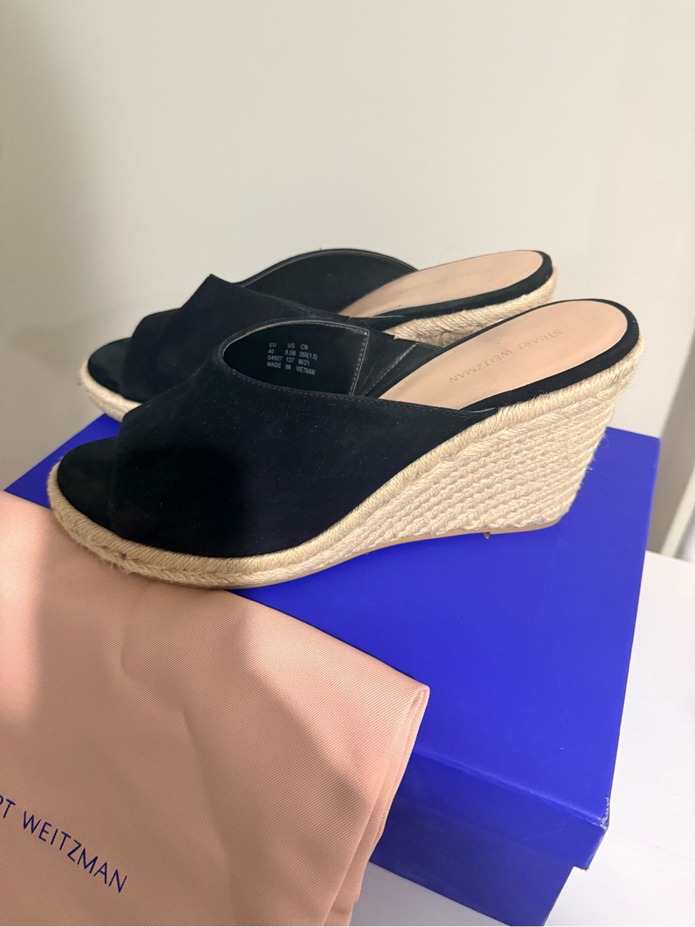 Stuart Weitzman Black Suede Espadrille Wedge Slide